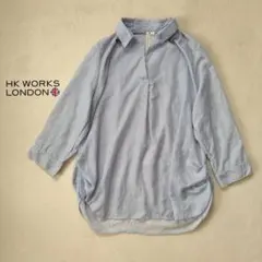 HK WORKS LONDON ストライプ スキッパーブラウス 七分袖 LL 青のサムネイル