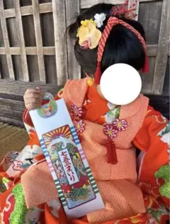 七五三　3歳で使用　オレンジ花柄着物•髪飾りセット
