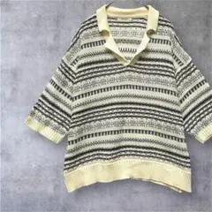 【スタジオクリップ】ポロカラーニット　アイボリー×黒　フェアアイル柄　F