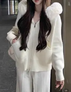 女性用ファーカラー付きフーデッドニットカーディガン 秋アウター ホワイト 白 M