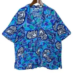 海外古着 総柄 幾何学模様 アート 開襟 半袖 柄シャツ 青