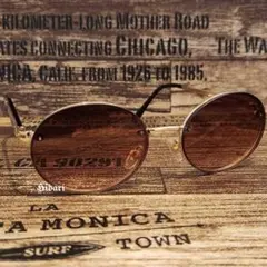 ラウンド型 サングラス ブラウン 男女兼用 度なし 金色装飾 グラサン