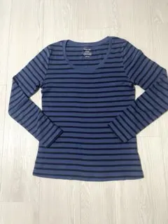 GUブルー　青と黒のストライプ長袖Tシャツ　M