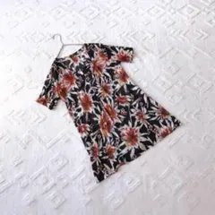 Tシャツ ボタニカル花柄 チュニック ワンピース 黒 オレンジ サイズ記載なし
