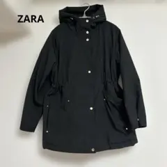美品 ZARA フード付きジップアップアウター ブラック ドローコード S