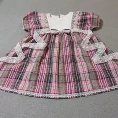 ハンドメイド　ピンク系チェック柄半袖カムルワンピース　1点物　100〜110