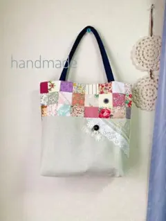 ハンドメイド　パッチワーク　トートバッグ　ピンク花柄