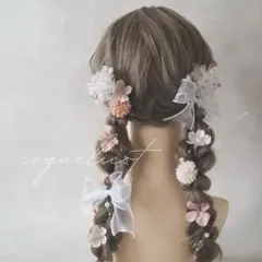 桜 髪飾り ホワイトリボン／ツインテール 卒業式 成人式 ウェディング ㉘