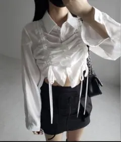 me+em select シャーリング シアーシャツ リボン ショート丈ブラウス