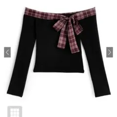 チェック柄リボンオフショルダートップス[ks162]