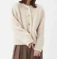 【ミラオーウェン】金釦テディラメニットジャケット　アイボリー
