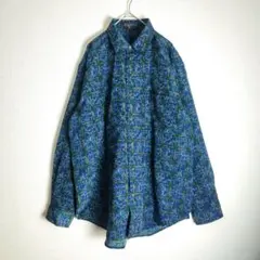 デザイン古着　長袖シャツ　青色系　総柄　お洒落ボタン　ボタンダウン　グランジ