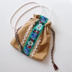 ブロックコーデュロイ×スイスのチロリアンテープ・緑　巾着ポシェット