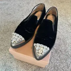 miumiuビジュー付きネイビーベルベットフラットシューズ38美品 - メルカリ