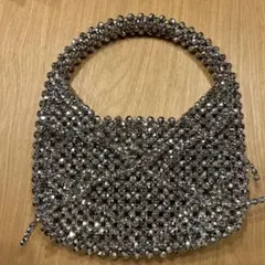 シルバービーズバック　パーティーバッグ　ハンドルバック　　キラキラ　リボン