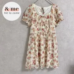 イング　ミニワンピース　チュニック　フレア　総柄花柄　パフスリーブ　スカラップ裾