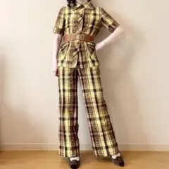 希少 チェック柄 ポケット付セットアップ 昭和レトロ ヴィンテージ 一点物 茶色