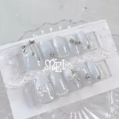 オーダー◇ネイルチップ 水色 白グラデ 薔薇 リボン 量産型 推し 韓国