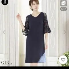 ネイビー レースフレアスリーブ ドレス