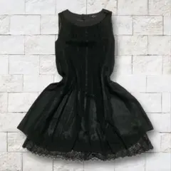 COMME CA ISM フレアワンピース ノースリーブ 裾レース ブラック