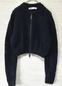 ザラ　ZARA ニットメッシュブルゾン　ショート丈　　ダブルジッパー　黒　M