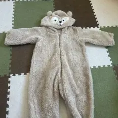 ベージュ クマのフード付きロンパース