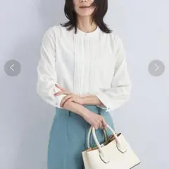 【グリーンレーベルリラクシング】ピンタック七分袖ブラウス　洗える　ホワイト　上品のサムネイル
