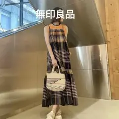 無印良品　婦人　マドラスチェック　キャミソールワンピース　L
