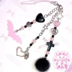 【102】ビーズキーホルダー ピンク ブラック ハート リボン Y2K 平成女児