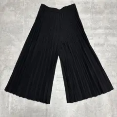 ブラック プリーツワイドパンツ ウエストゴム フレア