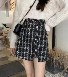 インパン裏地付きアシンメトリーツイードチェックミニスカート[ai48]
