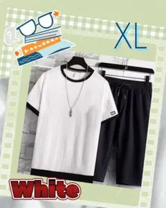 ホワイト ☆XL メンズ セットアップ 半袖 ルームウェア 吸汗速乾 Tシャツ
