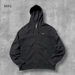 2822古着NIKEフルジップスウェットパーカースウッシュ刺繍ロゴフェード墨黒M