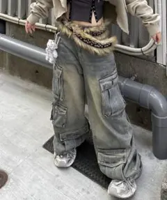 【ネバーマインド ザ エックスユー】ポケットカーゴワイドデニムパンツ