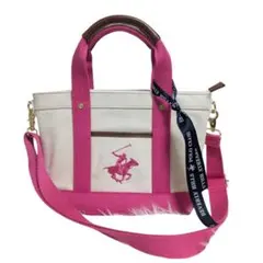 可愛いキャンバスハンドバッグ、ショルダーバッグ ロゴ刺繍ホワイト/ピンク