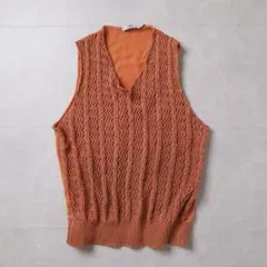 ベスト Vネック 総柄 編みデザイン オレンジ アイルランド製メンズ M