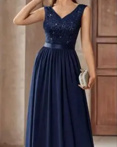 【MIUSOL】スパンコール レース ロングドレス ネイビー Lサイズ