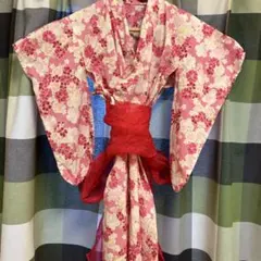 キッズ　花柄浴衣 ピンク 帯付き