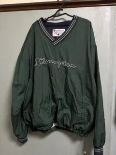 ChampionナイロンプルオーバーVネック 刺繍ロゴ グリーン ドローコード付