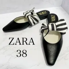 ZARA ザラ ストライプリボン フラットパンプス シューズ 38