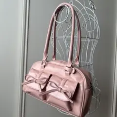 リボン付きポケット ピンク ショルダーバッグ