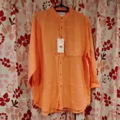 新品未使用　オレンジ色麻混バンドカラーシャツSサイズ