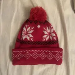 赤 雪の結晶模様 ニット帽 ポンポン付き