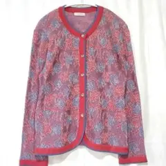 【ピノーレ】薄手ニットカーディガン/ピンク×レッド×ブルーカラ―/貝殻総柄