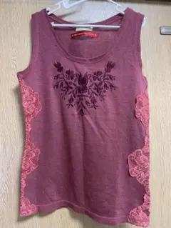 アジアンテイスト　バラ百合刺繍　サイドレース　タンクトップ　ボルドー　ウール混