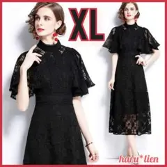 XL 花総レース ワンピース ブラック ドレス フォーマル 結婚式 パーティ a