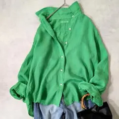 美品アナイリネン100 %スタンドカラーシャツグリーン上品 - メルカリ