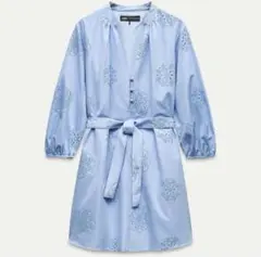 ZARA 刺繍入り 長袖ワンピース ライトブルー Sサイズのサムネイル