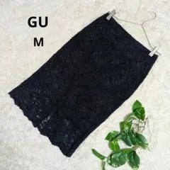美品✨《GU》ジーユー ひざ丈タイトスカート 総レース 花柄 ネイビー M