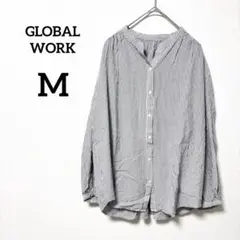 【グローバルワーク】長袖シャツ グレー×ホワイト M ストライプ スキッパーのサムネイル